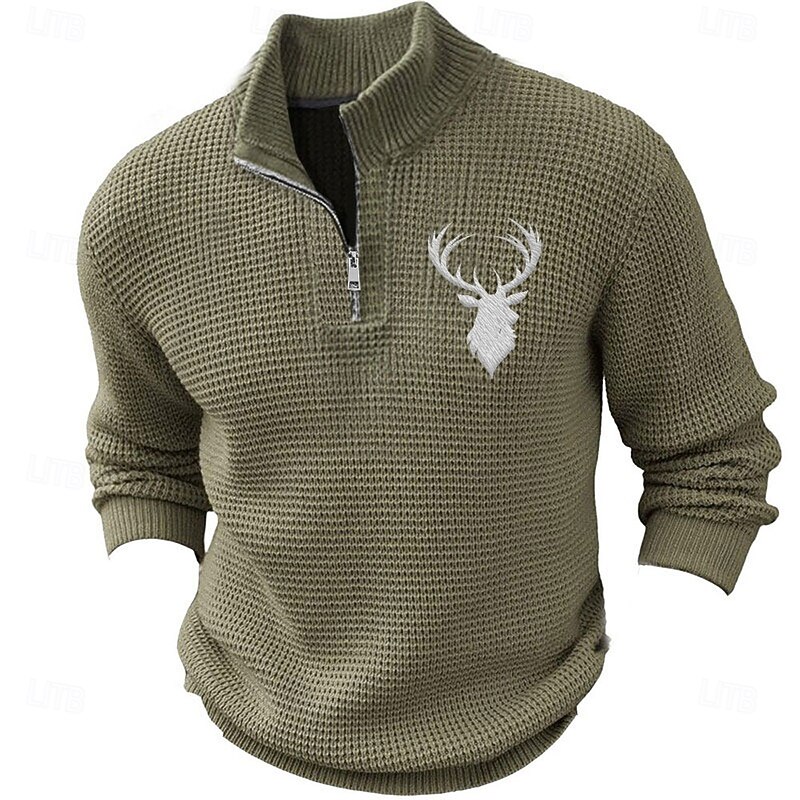 Men's Elk Pullover Sweater Jumper Sweater Polo Polo Sweater Zip Collar Casual School Outdoor Vacation Embroidered Zipper Knitting Long Sleeve Spring Fall Winter Black Brown Military Green3