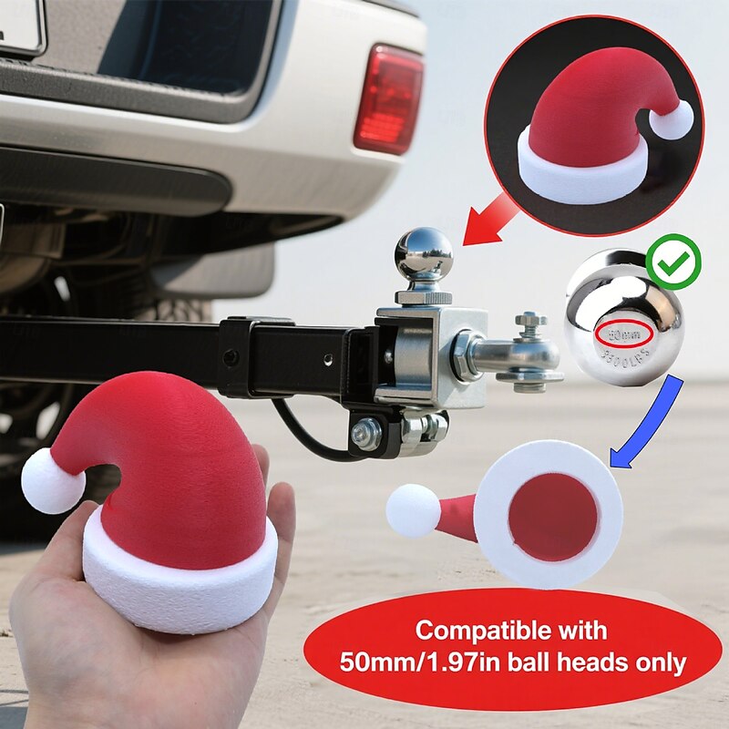 Funny Christmas Santa Hat Trailer Coupling Cover 3D Printed Car Trailer Coupling Cap, Compatible with 50mm/1.97in Ball Heads Automotive Trailer Rear Decoration4