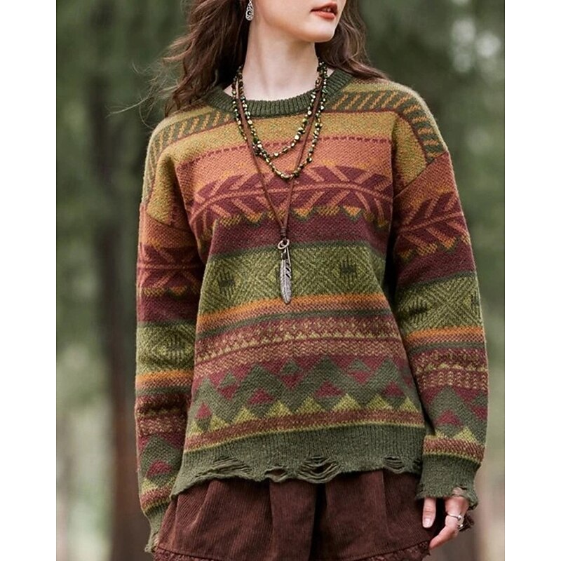 Women's Sweater Fair Isle Sweater Pullover Streetwear Casual Geometric Ribbed Crew Neck Knitted Long Sleeve Regular Tops Knit Outdoor Daily Weekend Green Fall Winter3