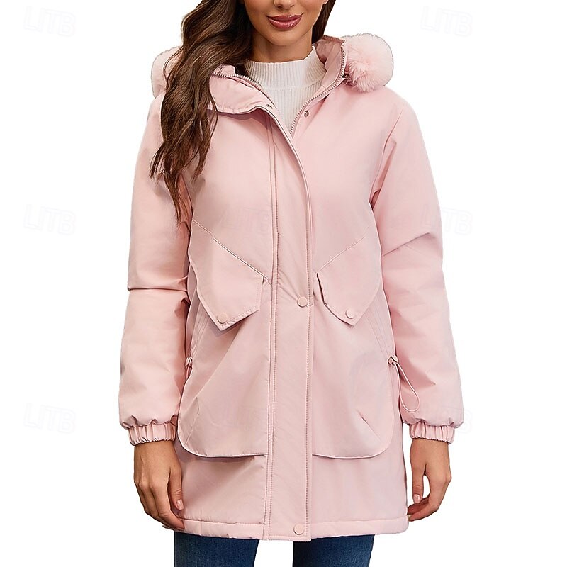 Women's Winter Coat Parka Warm Comfortable Zipper Pocket With Belt Casual Plain Vacation Street Casual Daily Wear Long Hooded Regular Fit Long Sleeve Outerwear Black Pink Wine Fall Winter