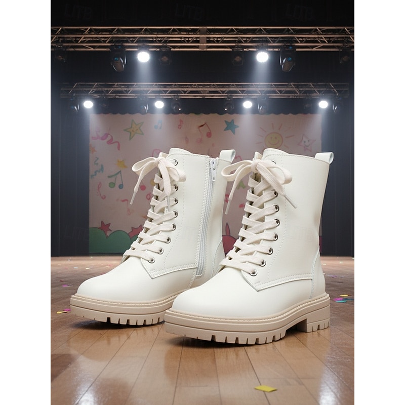 Korean Idol Inspired Pop Star Costume Shoes Girls' White Mid-Calf Combat Boots with Lace-Up Design and Side Zipper for Dance Performances and Stage Outfits