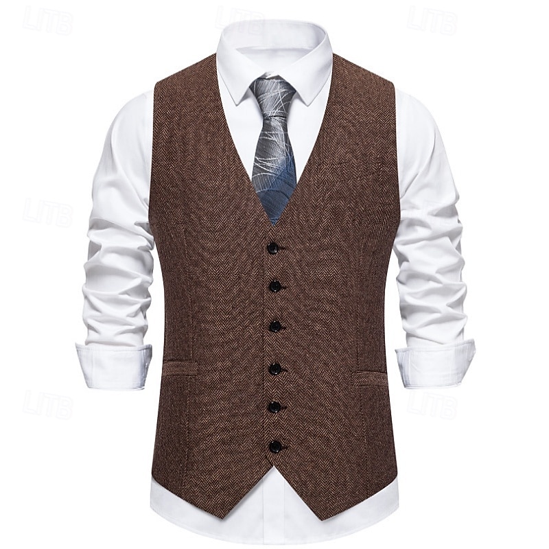 Men's Tweed Vest Waistcoat Formal Wedding Vacation Daily Vintage Fashion Spring Fall Pocket Buttons Polyester Comfortable Herringbone Single Breasted V Neck Lapel Slim Fit Brown Light Grey Dark Gray2