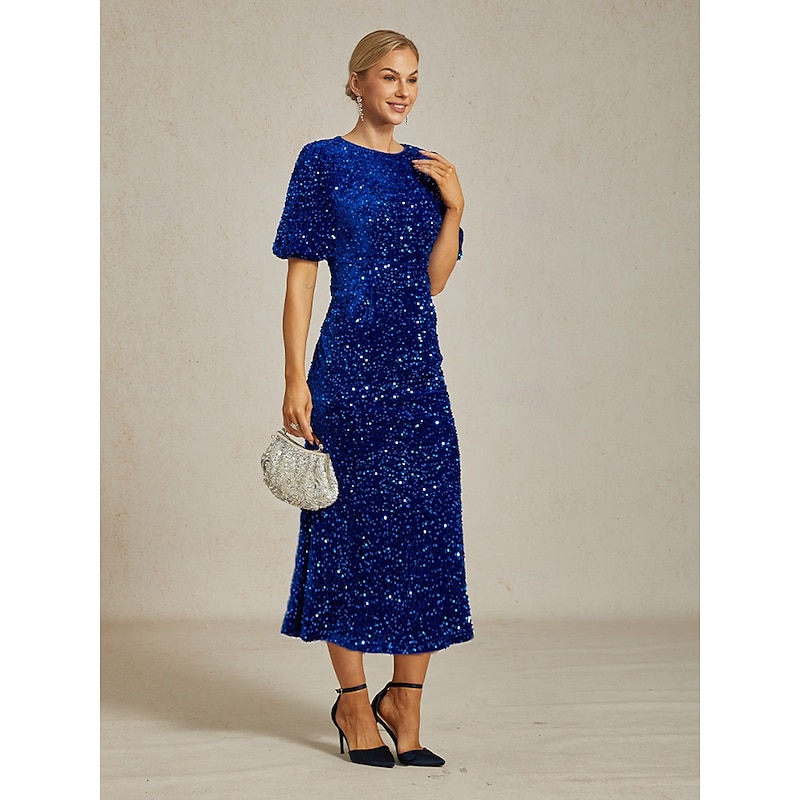 Women's Maxi Dress Sheath Dress A Line Dress Puff Sleeve Dress Party Birthday Party Regular Fit Solid Color Short Sleeve Crew Neck Royal Blue Spring Fall Winter2