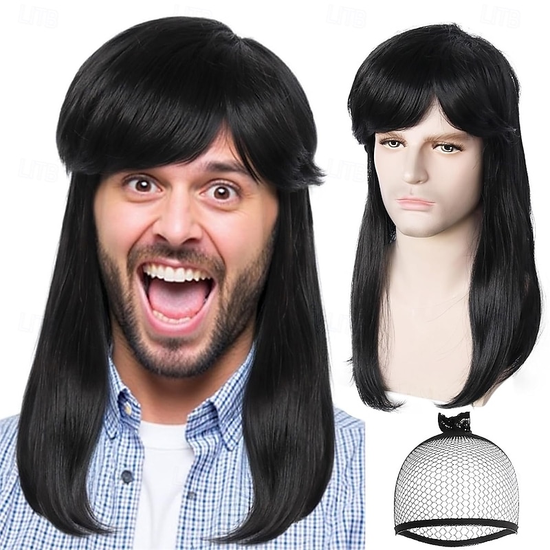 Hair CapBlack Mullet Wigs for Men Natural 70s 80s Rock Outfits Funny Wigs with Bangs Mens Disco Costume Black Disco Hair Crazy Funny Costume for Party Halloween Retro Prom Cosplay