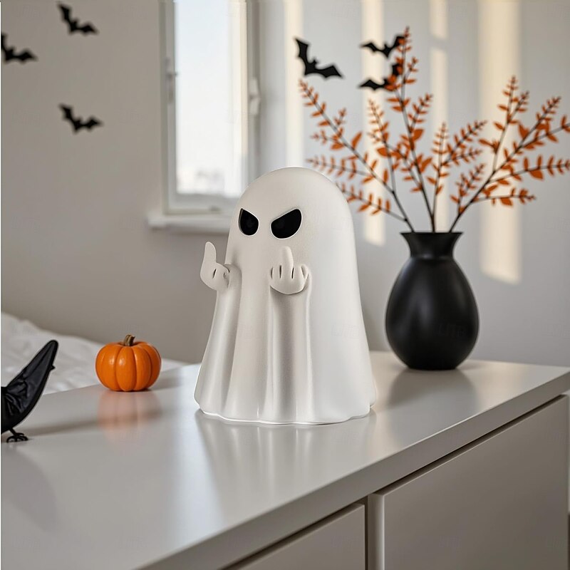 Halloween Middle Finger Ghost Night Light Cute Spooky Ghost Statue Vintage Gothic Resin Statue for Party, Home, Indoor & Porch Halloween Decoration3
