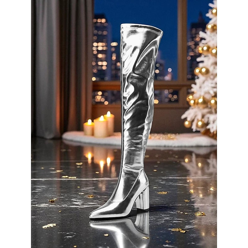 Women's Silver Over the Knee High Heel Boots with Side Zipper - Shiny Party Footwear for Nightlife & Christmas Celebrations4
