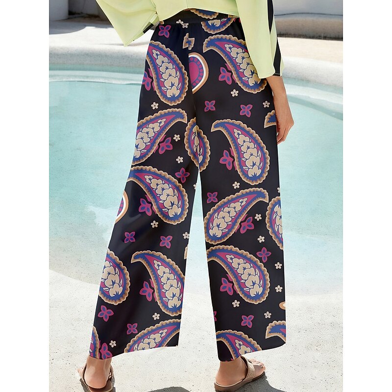 Women's Pants Smooth Satin Purple Paisley Print Elastic Waist Pleated Loose Straight Wide Leg2