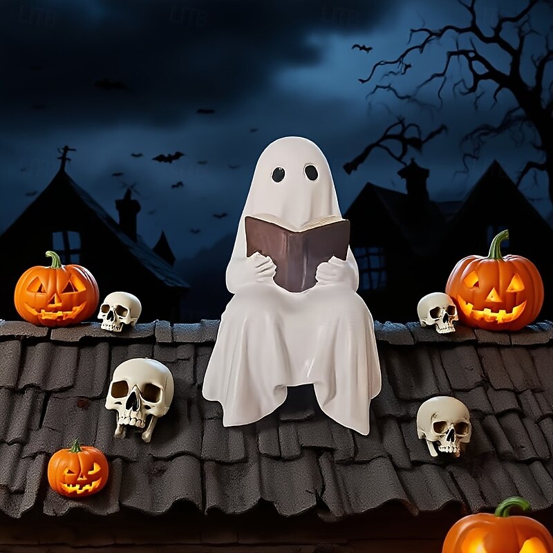 Halloween Cute Ghost Decoration Reading Book Resin Figurine Spooky Tabletop Desk Ornament, Haunted House Mini Statue, Creepy Cute Decoration for Home, Office & Party Decor4