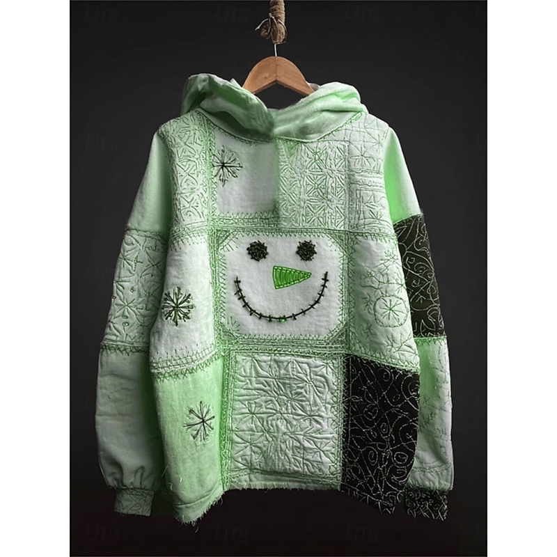 Women's Pullover Hoodie Sweatshirt Graphic Snowman Christmas Casual Long Sleeve Hooded Regular Tops Party Evening Wear Street Dailywear Patchwork Blue Purple Green Beige Spring Fall Winter3