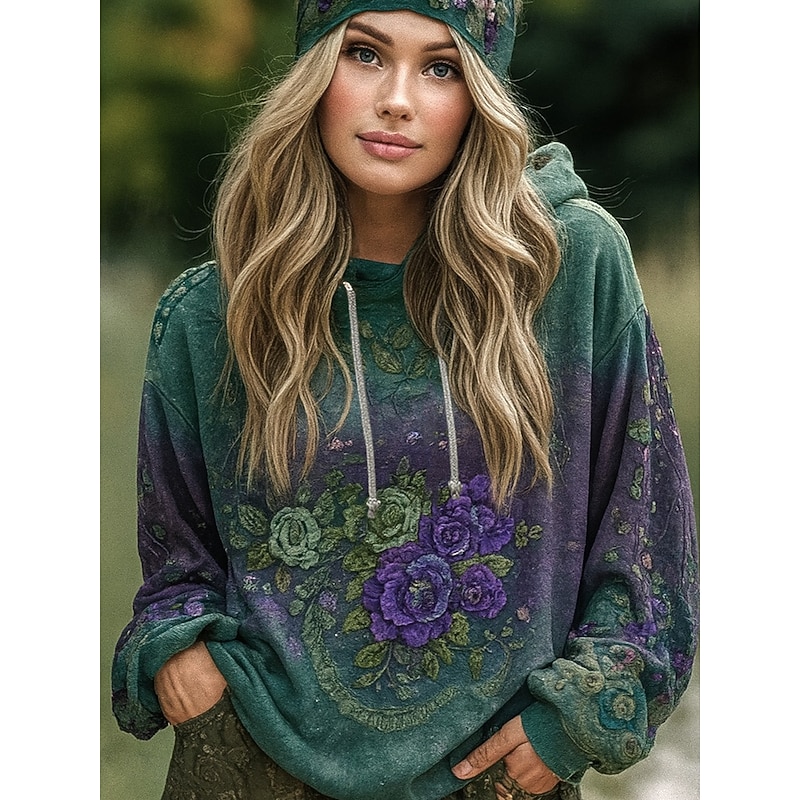 Women's Pullover Hoodie Sweatshirt Floral Graphic Elegant Warm Active Long Sleeve Hooded Regular Tops Street Dailywear Casual Patchwork Print Light Purple Spring Fall Winter