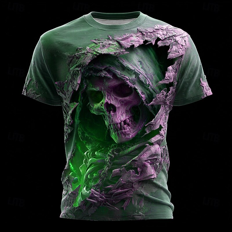 Halloween Men's Optical Illusion Grim Reaper 3D T Shirt Short Sleeve T shirt 3D Print Crew Neck Shirt Exaggerated Designer Horror Party Street Club Blue Purple Orange Summer Spring All Seasons3