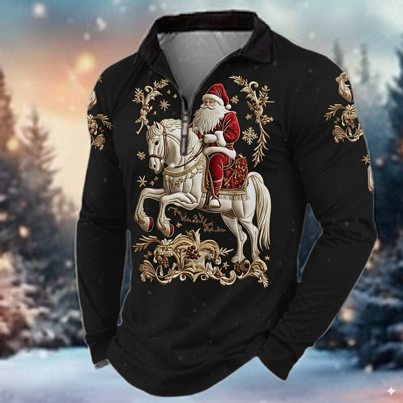 Christmas Men's Santa Claus Polo Long Sleeve Turndown Modern Leisure Casual Daily Festival Zipper 3D Print Spring Fall Winter Black Red