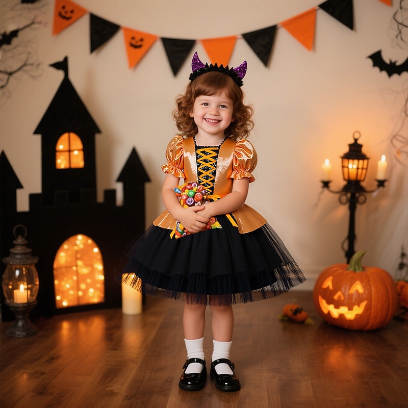 Kids Girls' Party Dress Solid Color Graphic Short Sleeve Special Occasion Halloween Party Halloween Custome Sweet Polyester Summer Spring Fall kids Orange