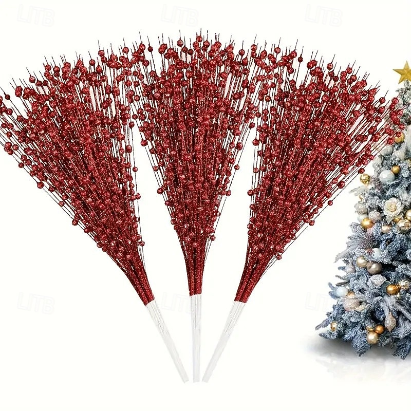 15Pcs Christmas Glitter Ornaments, Gold Sparkle Balls and Shiny Berries, Artificial Pistachio Decorations for Christmas Tree, Holiday Party Décor