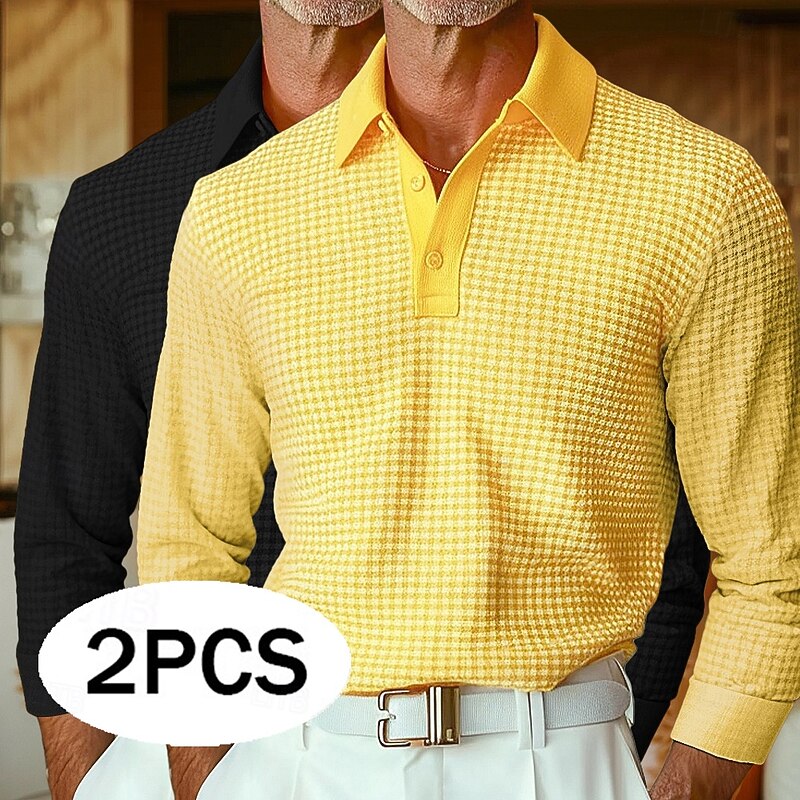 Men's Waffle Polo Shirts Golf Shirt Long Sleeve Collar Lapel Spring Fall All Seasons Plain Textured Basic Modern Casual 2 Piece Buttons Street Casual Sports A B C Top Tee for Men