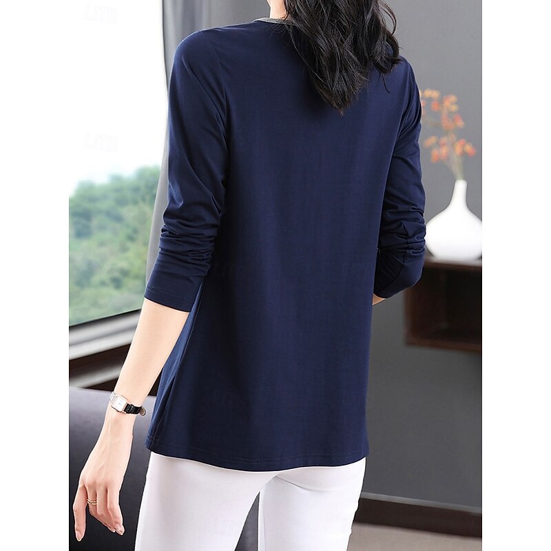 Women's Blouse Feather Stylish Casual Long Sleeve Crew Neck Regular Tops Daily Patchwork Sage Green Black Pink Red Royal Blue Spring Fall4