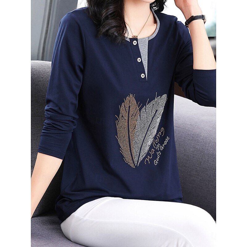 Women's Blouse Feather Stylish Casual Long Sleeve Crew Neck Regular Tops Daily Patchwork Sage Green Black Pink Red Royal Blue Spring Fall3