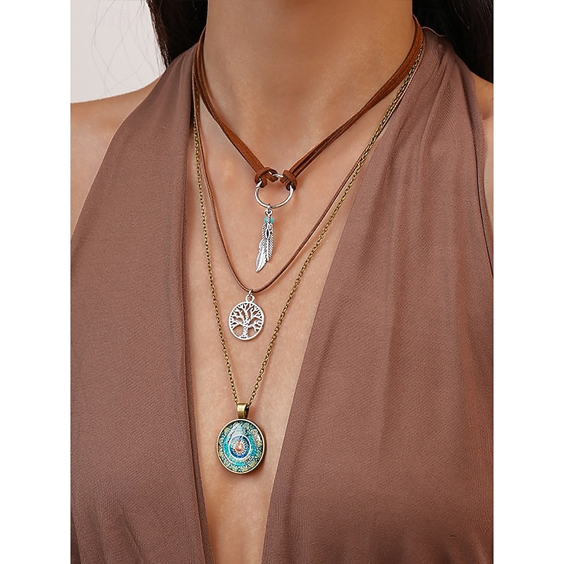 Women's Bohemian Layered Pendant Necklace, Triple Strand Jewelry with Feather, Tree of Life and Vintage Round Charm for Festivals, Parties and Casual Wear4