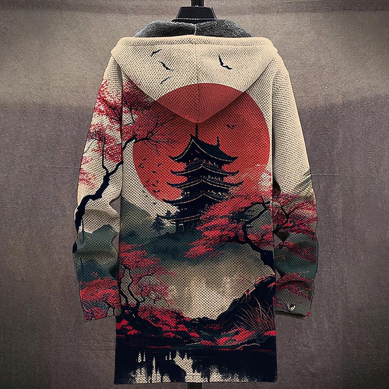 Men's Scenery Winter Coat Fleece Jacket Coat Thermal Warm Comfortable Casual Casual Daily Wear Zipper Pocket 3D Print Fall Winter Hooded Long Sleeve Red2