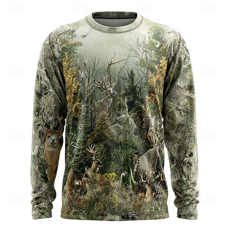 Men's Camo Deer T Shirt Long Sleeve T shirt 3D Print Crew Neck Shirt Fashion Outdoor Street Sports Outdoor Hunting Green 1# Green 2# Green 3# Summer Spring Clothing Apparel S M L XL XXL XXXL2