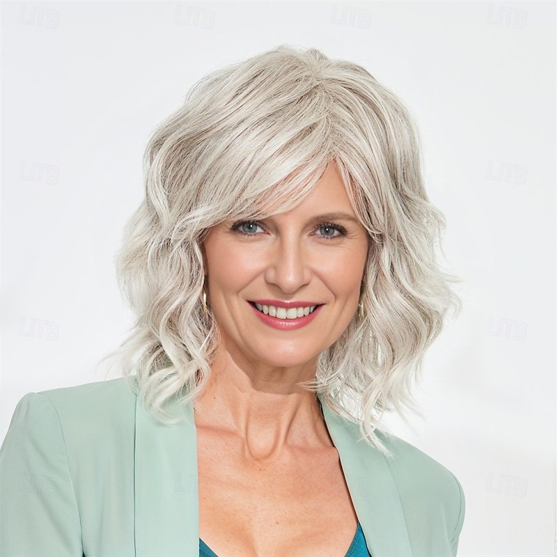 Women’s Silver Grey Wavy Bob Wig Natural Looking Realistic Synthetic Hair Heat Resistant Shoulder Length Side Bangs Elegant Daily Wear Fashion Style