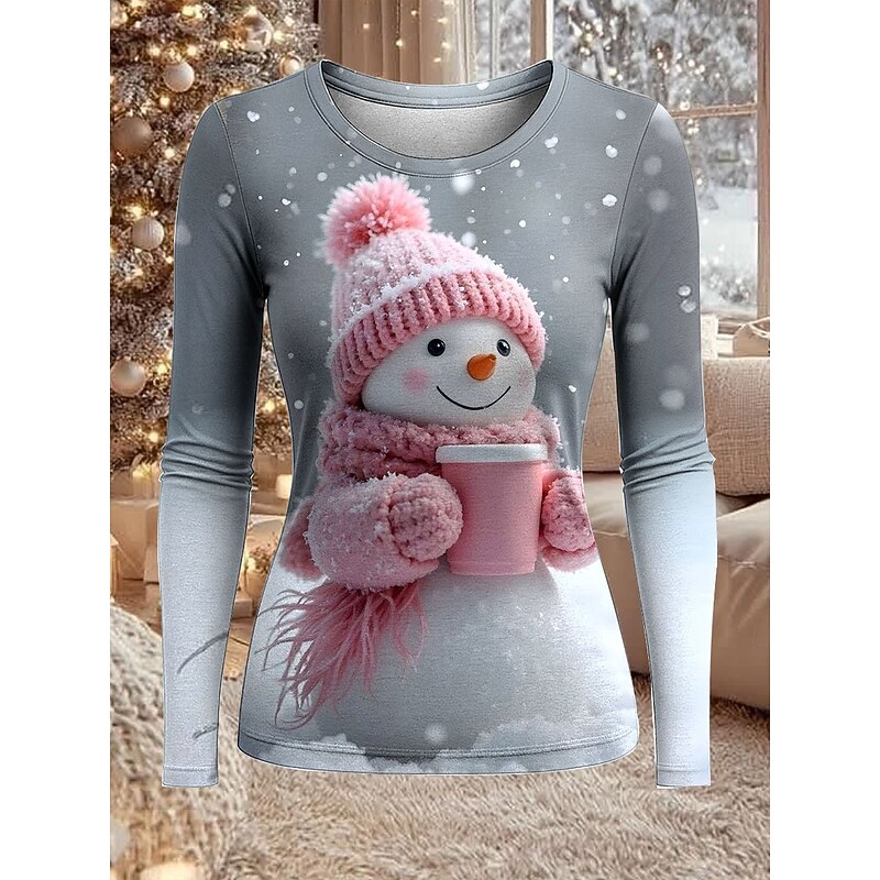 Christmas Women's T Shirt Graphic Snowman Fashion Casual Long Sleeve Crew Neck Regular Tops Daily Weekend Print White Pink Red Gray Spring Fall Winter