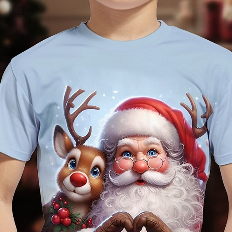 Christmas Boys' 3D Graphic Santa Claus Elk T shirt Tee Short Sleeve Summer Spring Fashion Basic Kids 4-12 Years Crew Neck Outdoor Casual Daily Regular Fit2