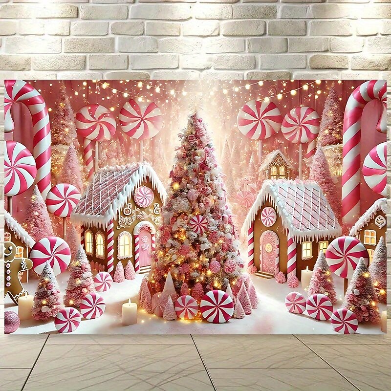 Chrismas Hanging Tapestry Pink Gingerbread House Santa Claus Fireplace Christmas Tree Pink Snowy Castle Holiday Backdrop Wall Art Large Tapestry Mural Decor Blanket