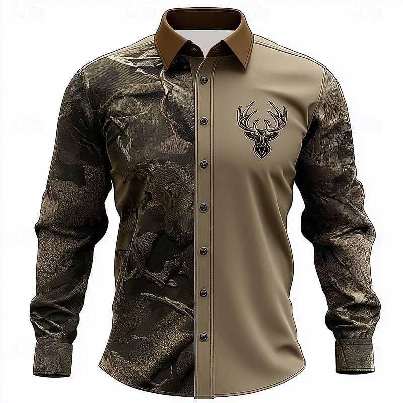 Men's Camo Reindeer Camouflage Shirt Button Up Shirt Long Sleeve Vintage Retro Outdoor Camping & Hiking Hunting Spring Fall Turndown 3D Print Collared Shirts Camouflage khaki Army Green Khaki2