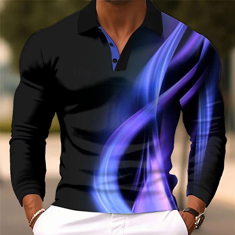 Men's Geometic Line Polo Long Sleeve Polo Shirts Collared Shirts Business Casual Business Athleisure Daily Wear 3D Print Buttons Spring Fall Winter Lake blue Blue Purple