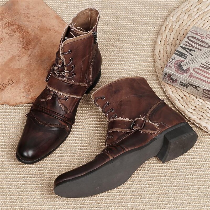 Men's Retro Brown Leather Biker Boots – Handmade High Top Motorcycle Boots with Buckle Accents for Punk, Gothic and Casual Streetwear2