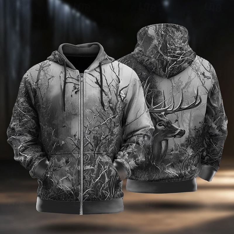 Men's Camo Deer Hoodie Jacket Sweatshirt Fashion Daily Hooded Vacation Hunting Yellow Blue Drawstring Zipper Fall Winter Designer4