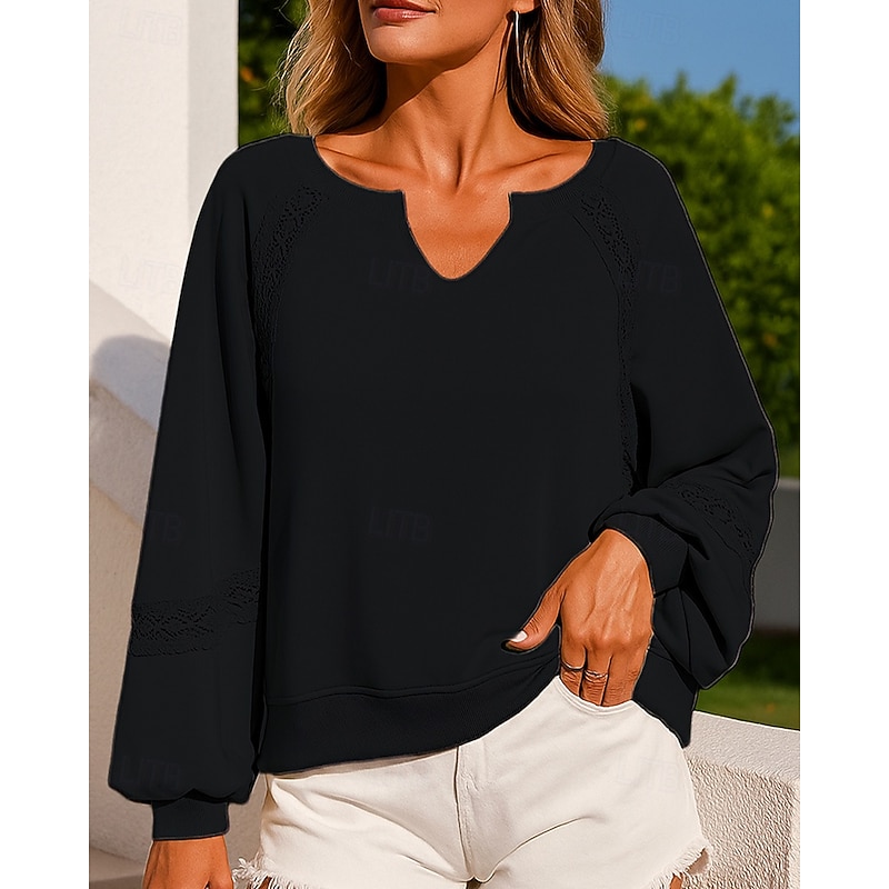 Women's Pullover Sweatshirt Lounge Top Lace Long Sleeve Top Athleisure Fall V Neck Solid Colored Fashion Outdoor Travel Sports Sportswear Activewear Black Blue Green4