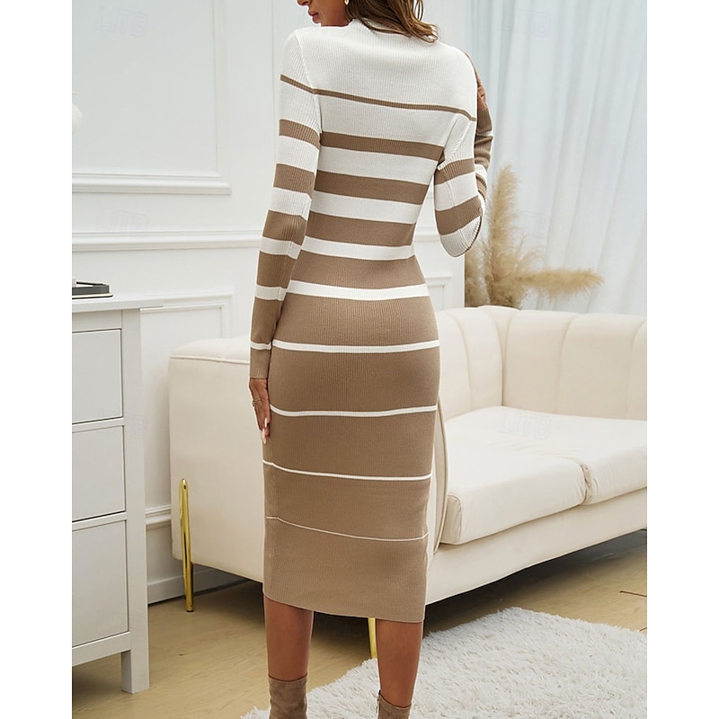 Women's Midi Dress Sweater Dress Bodycon Sheath Dress Fashion Modern Vacation Daily Weekend Regular Fit Striped Long Sleeve Crew Neck Black White Green Khaki Spring Fall2