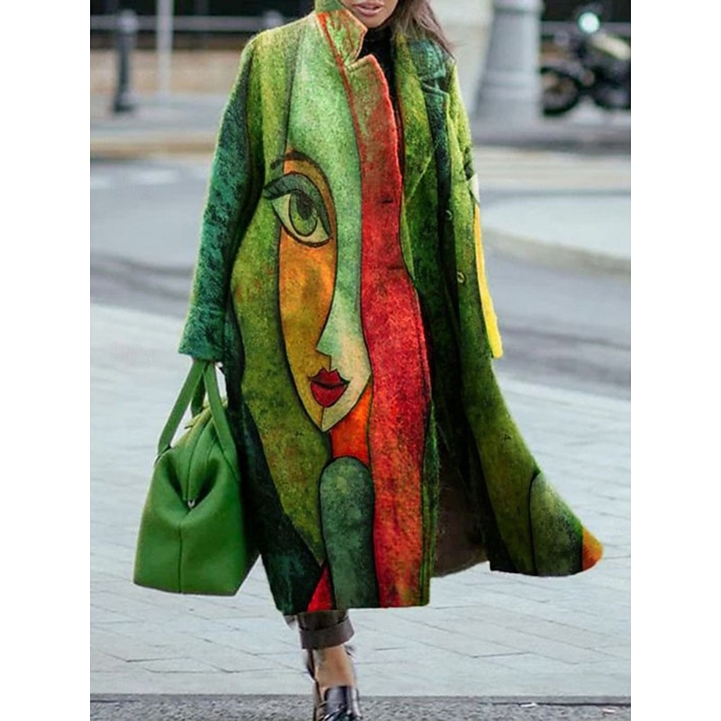 Women's Winter Coat Coat Comfortable Breathable Print Modern Casual Geometric Vacation Street Casual Daily Wear Open Front Long Turndown Regular Fit Long Sleeve Outerwear White Dark Green Green3