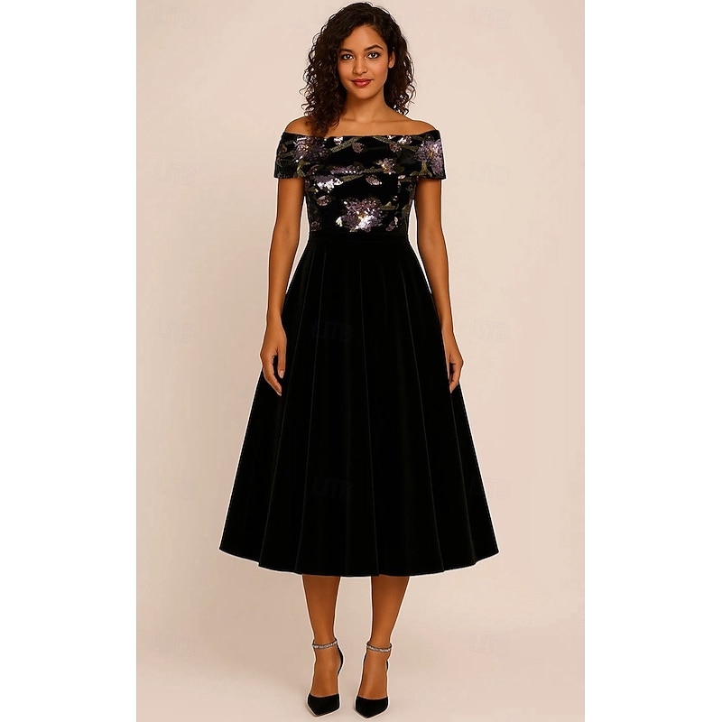 A-Line Floral Sequin Lace Cocktail Dresses Stretch Velvet Elegant Formal Dress Formal Wedding Tea Length Sleeveless Off Shoulder Sequined with Appliques 2025