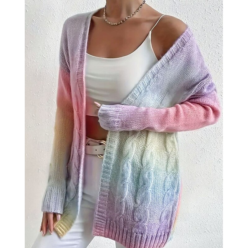 Women's Sweater Cardigan Streetwear Casual Tie Dye V Neck Knitted Long Sleeve Regular Tops Knit Daily Going out Weekend Purple Fall Winter3