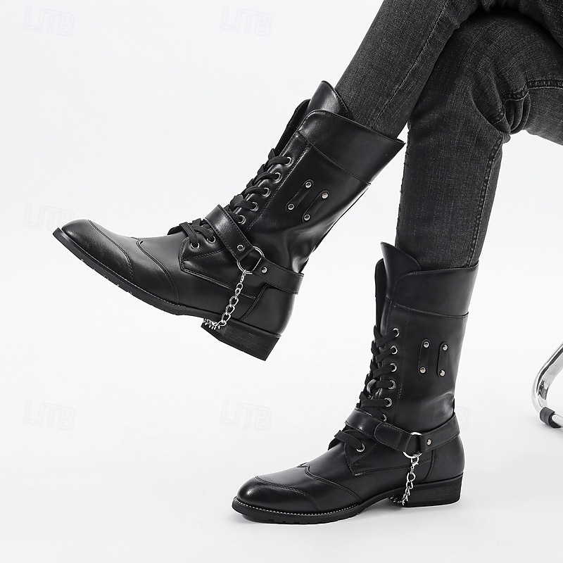 Men's Black Gothic Combat Boots – High Shaft Lace-Up Motorcycle Riding Shoes with Straps for Punk Rock, Cosplay and Nightlife Parties3