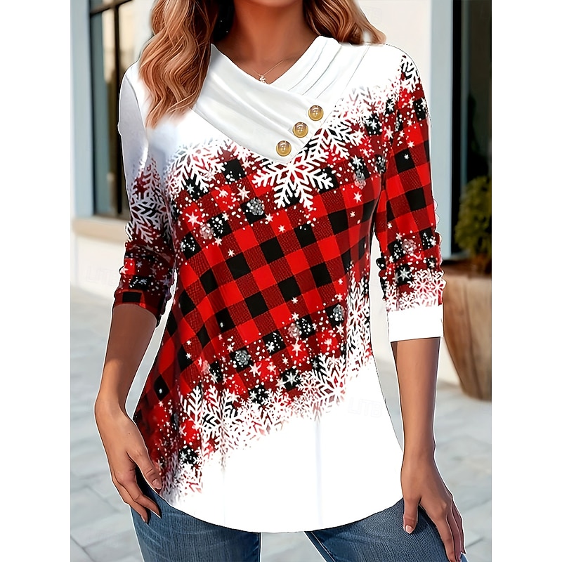 Christmas Women's T Shirt Graphic Plaid Snowflake Vintage Stylish Classic Long Sleeve Crew Neck V Neck Regular Tops Daily Buttons Print Asymmetrical Red Royal Blue Green Fall Winter3