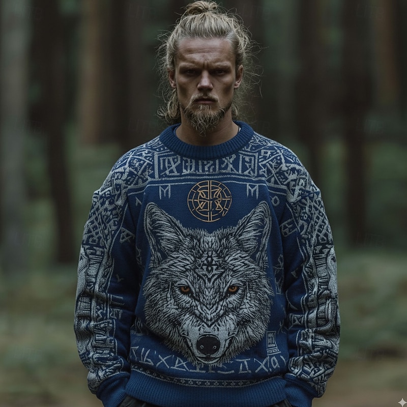 Men's Animal Wolf Viking Pullover Sweater Jumper Knitwear Crewneck Retro Vintage Casual Vacation Street Daily 3D Print Knitting Keep Warm Long Sleeve Spring Fall Winter Black Blue Green2