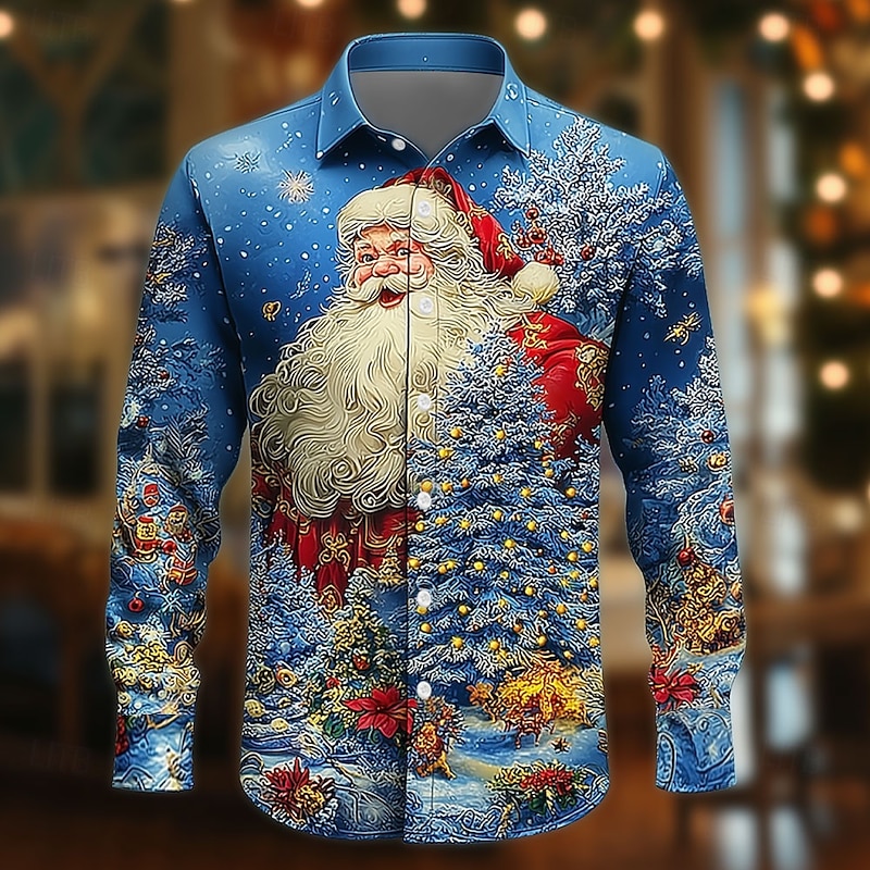 Christmas Men's Santa Claus Christmas Tree Christmas Gift Shirt Button Up Shirt Long Sleeve Funny Outdoor Holiday Spring Fall Turndown 3D Print Collared Shirts Blue 3# Blue 2# Blue 1# Blue