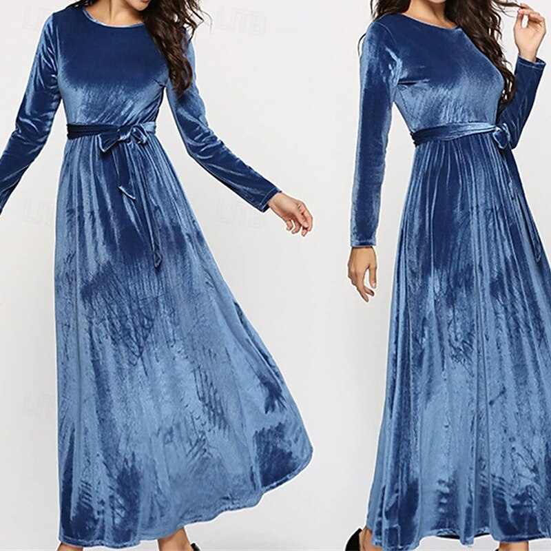 Women's Midi Dress Velvet Dress Cocktail Dress Elegant Fashion Modern Outdoor Party Party Evening Wear Regular Fit Plain Long Sleeve Crew Neck Blue Spring Winter Autumn