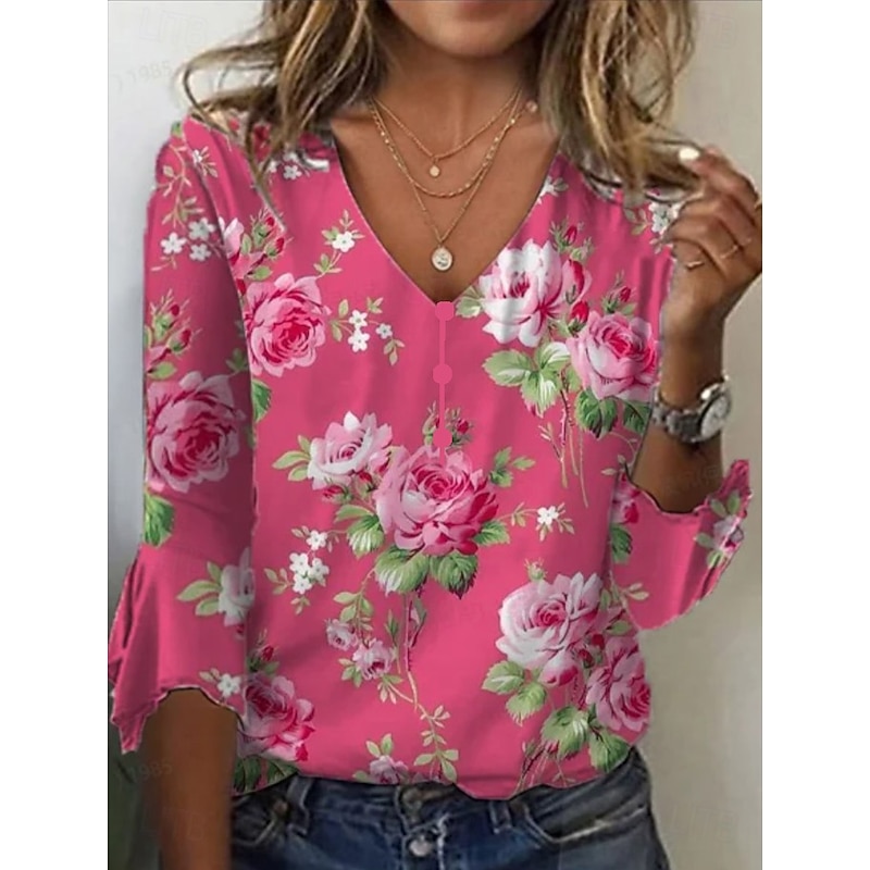 Women's T Shirt Henley Shirt Ombre Floral Vintage Vintage Stylish Basic 3/4 Length Sleeve V Neck Regular Tops Weekend Buttons Print Blue Sky Blue Rose Pink Summer Spring Fall3