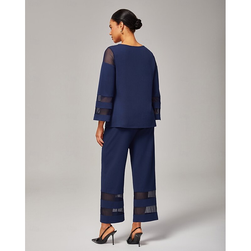 Women's Navy Blue Modal Chiffon Matching Set Fitted Blouse Cropped Pants Elegant Stylish Comfortable Daily Work Evening Wear Fall4