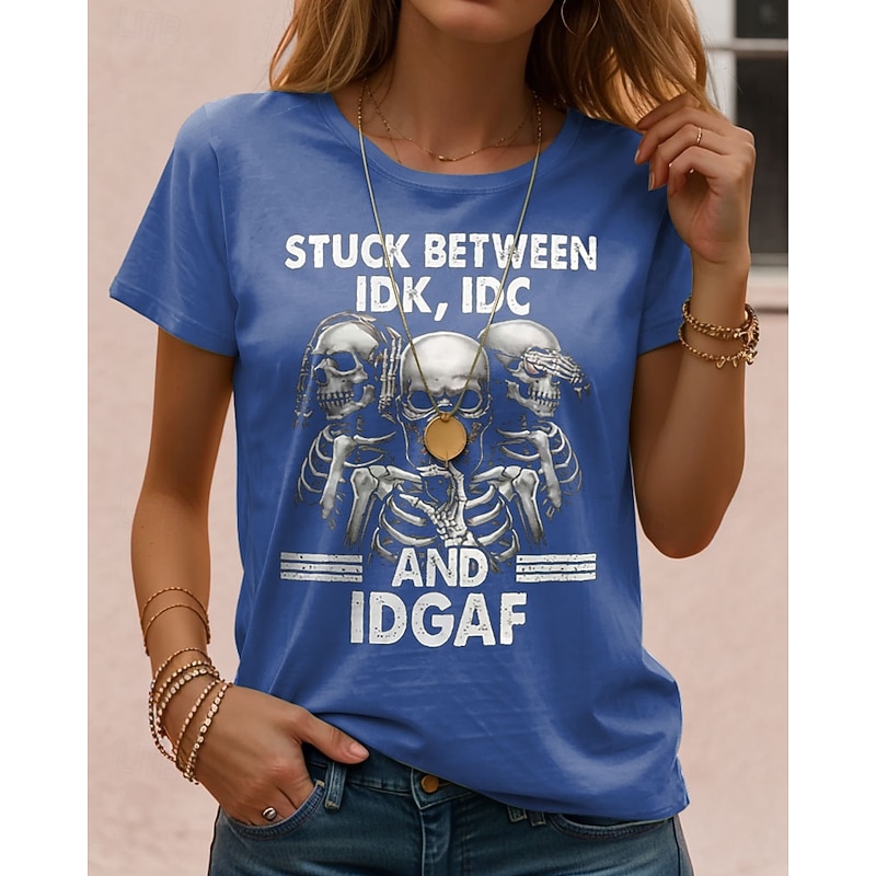 Women's T Shirt Graphic Skull Letter Vintage Stylish Casual Short Sleeve Crew Neck Regular Tops Daily Going out Weekend Print Black Blue Green Gray Summer4