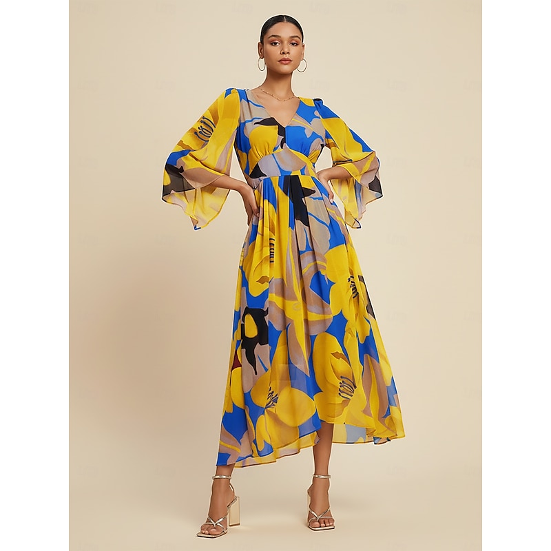 Women's Maxi Dress Chiffon Abstract Floral Print Sheer Flowing Casual Vacation Travel Resort Spring Summer Fall