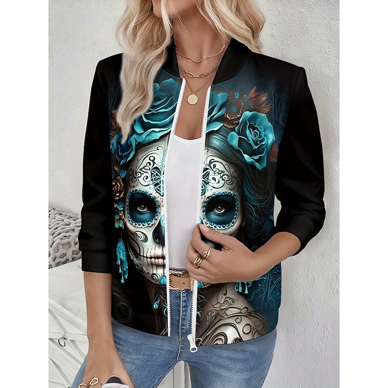 Women's Casual Jacket Warm Quick Dry Zipper Pocket Elegant Fashion Daily Simple Skull Vacation Casual Daily Holiday Regular Baseball Collar Regular Fit Long Sleeve Outerwear Blue Purple Green Spring