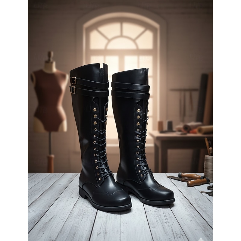 Men's Black Lace-Up Knee-High Boots with Buckle Straps – Vintage-Style Military Combat Boots for Outdoor and Casual Wear3