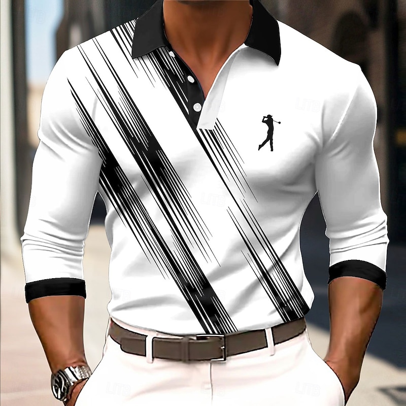 Men's Geometic Line Polo Long Sleeve Polo Shirts Collared Shirts Business Casual Business Athleisure Daily Wear 3D Print Buttons Spring Fall Winter Black White Blue2