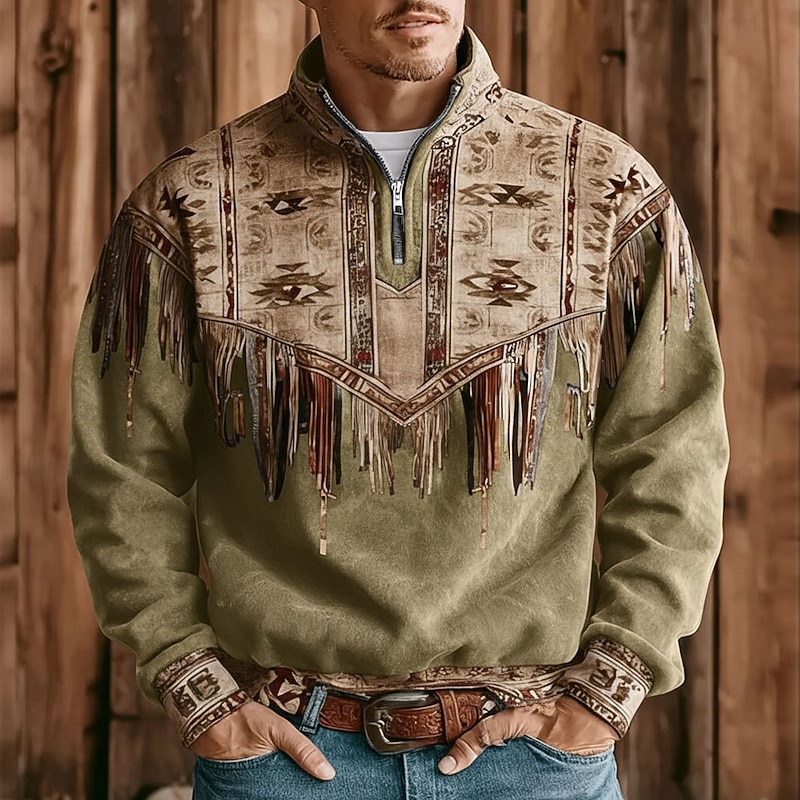 Men's Aztec Tribal Sweatshirt Ethnic Vintage Retro Stand Collar Outdoor Work Gift Black Brown Zipper Fall Winter Designer2